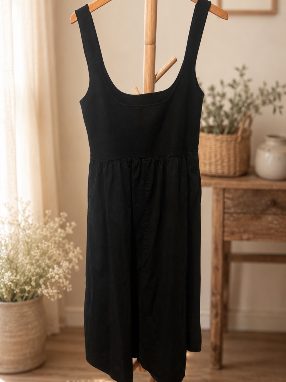 Neuflora Black Linen Midi Dress L | Stretch Bodice | Slow Fashion